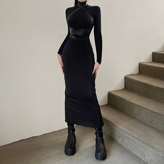 Maxi Wrap-Leather Detail Dress