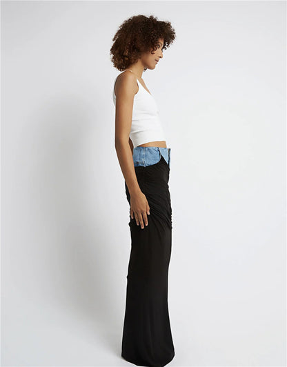 Modern High-Waist Solid Color Spandex & Denim Skirt (7522338603096)