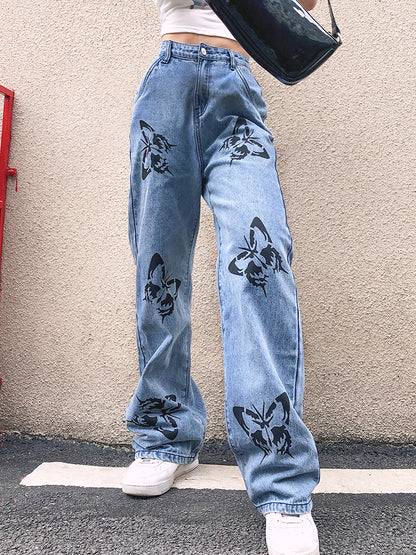 Butterfly Print Drapey Straight-Leg Denim Jeans