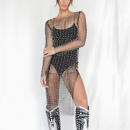Meshy Blouse - Beaded Rhinestone Side Split Mesh Dress Blouse (7519155519576)