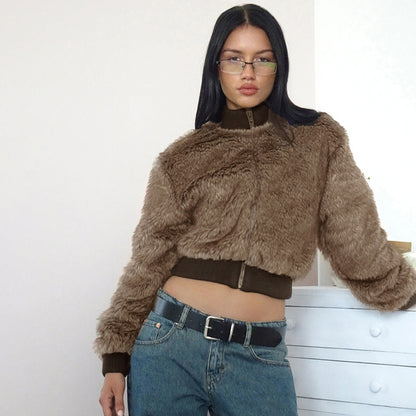 Maillard Thickened Fur Stand-Collar Zipper Coat