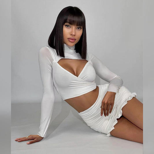 Hollow-Out Cut-Out Long Sleeves Pleated Crop-Top & Skirt Two-Piece Set (7524297572440)