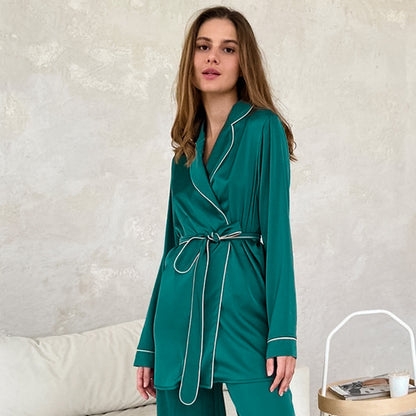 Long Sleeves Cardigan Lace-Up Pajamas Set