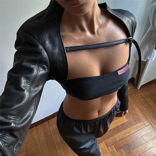 Fall Women Clothing Two Piece Street Trend Underwear Bandeau Vest Outer Wear Slim Faux Leather (7525024235608)