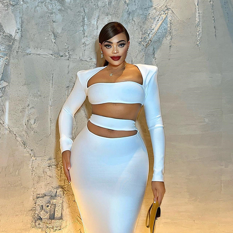 Solid Color Long Sleeves Skirt & Top Two-Piece Set (7524301963352)