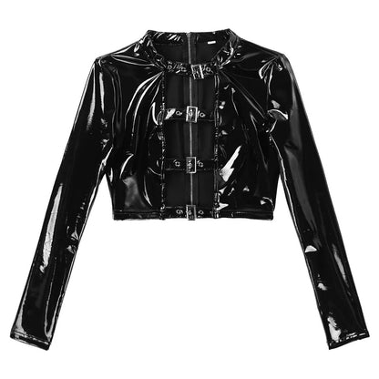 Buckles & Lace - Long Sleeves Patent Leather Two-Piece Suit (7524280139864)