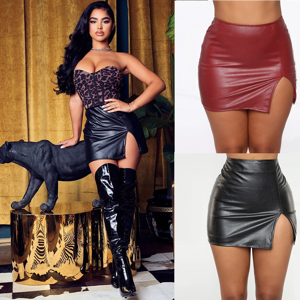 Hip-Wrapped Faux Leather High-Waist Zipper Skirt