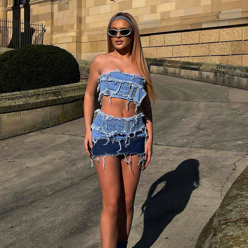 Fringe - Denim Distressed Buckle-Wrapped Cropped Tube Top & Mini Skirt Two-Piece Set (7519217090648)