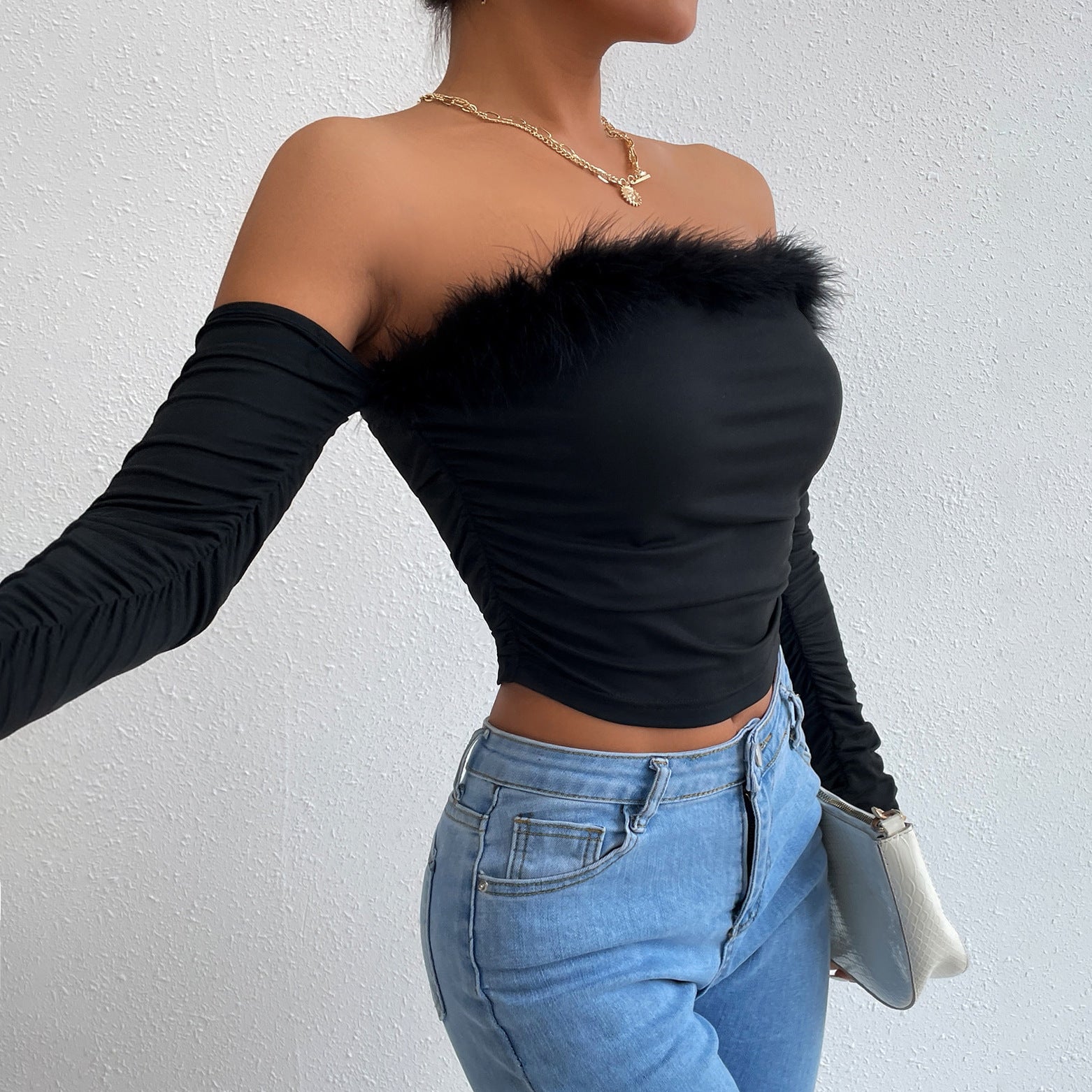 Retro Fur Line Tube-Top Long-Sleeves Off-Neck Backless Off-Shoulder Top (7518488363096)