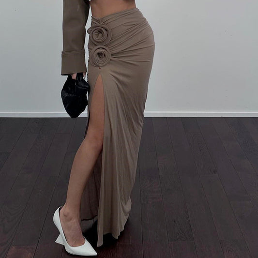 French Floral Pleated Side Slit High-Waist Skirt (7524821041240)