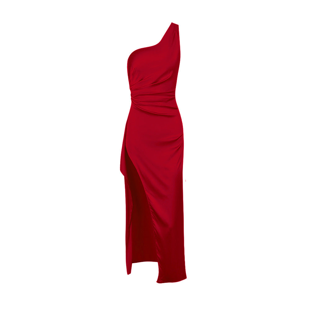One-Shoulder Slim-Fit Side Slit Maxi Backless Dress (7516660990040)
