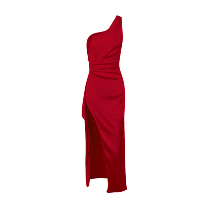 One-Shoulder Slim-Fit Side Slit Maxi Backless Dress (7516660990040)
