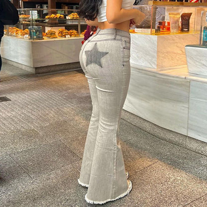 Contrast Color Washed High Elastic High-Waist Hip Lifting Bell Bottom Skinny Frayed Hem Denim Jeans (7524740956248)