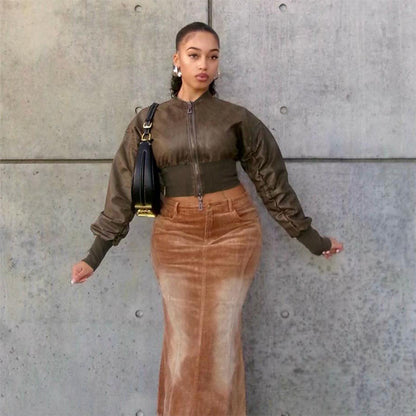 Faux Leather Long Sleeves - Solid Color Waisted Cropped Coat Top (7516616392792)