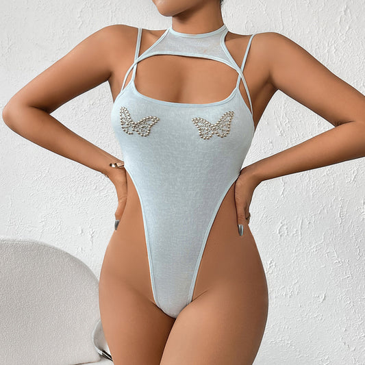 Butterfly Rhinestones Hollow-Out Cut-Out Slim-Fit Romper Leotard