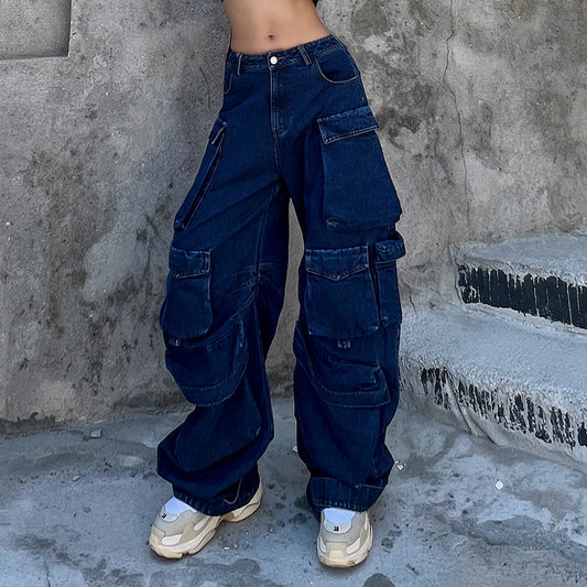 Oversized-Pockets High-Waist Wide Leg Denim Jeans