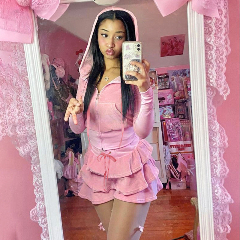 Solid Color Velvet Stitching Drawstrings Hooded Sweater & High-Waist Ruffle Skirt Two-Piece Set (7524302127192)
