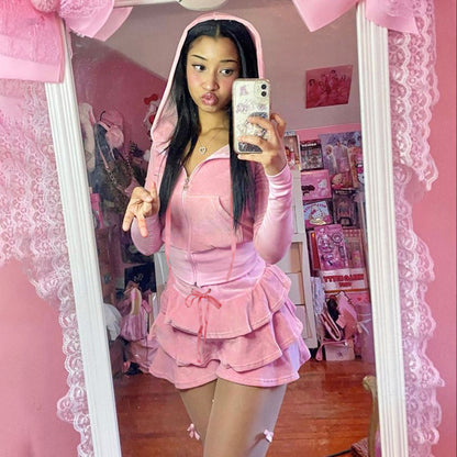 Solid Color Velvet Stitching Drawstrings Hooded Sweater & High-Waist Ruffle Skirt Two-Piece Set (7524302127192)