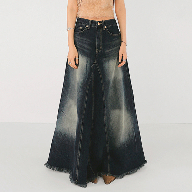 Retro High-Waist Vertical Stripe Distressed & Frayed Fishtail Denim Skirt (7522342076504)