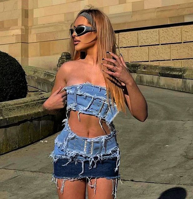 Fringe - Denim Distressed Buckle-Wrapped Cropped Tube Top & Mini Skirt Two-Piece Set (7519217090648)