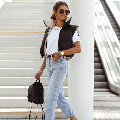 Double-Sided Cotton-Padded Stand-Collar Vest Jacket