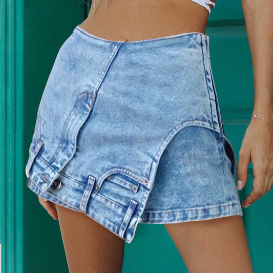 Dude, Where's My Skirt? - Asymmetric Mid-Waist Solid Color Denim Culottes Skirt (7519198543960)