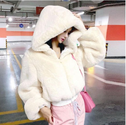 Plus-Size High-Waist Hooded Fur Coat Jacket