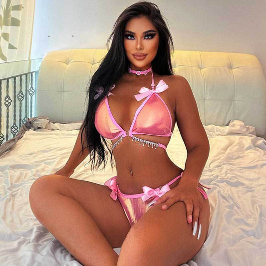 Pink Metallic Bow Chain Lace-Up Bikini Set (7517617684568)