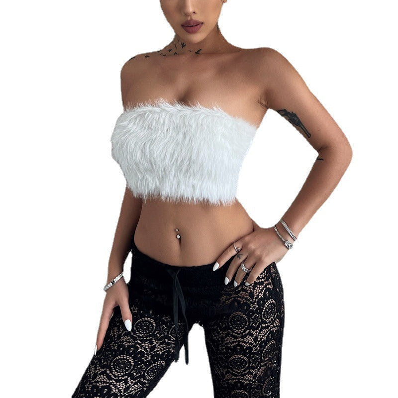 Off-The-Shoulder Sling Furry Crop-Top (7517927997528)