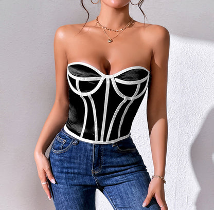 Contrast Color Tube-Top Crop-Top - Low-Cut Patchwork White/Black (7517927637080)