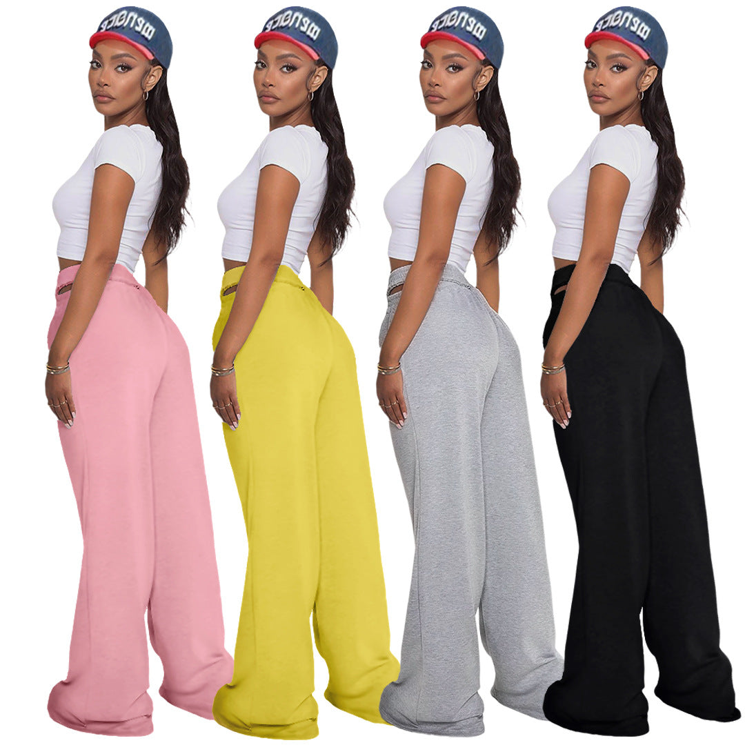 Solid Color Double-Layer Waistband Wide-Leg Pants