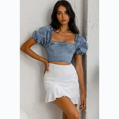 Denim Crop-Top - Puff Sleeves Short-Sleeves (7519155748952)
