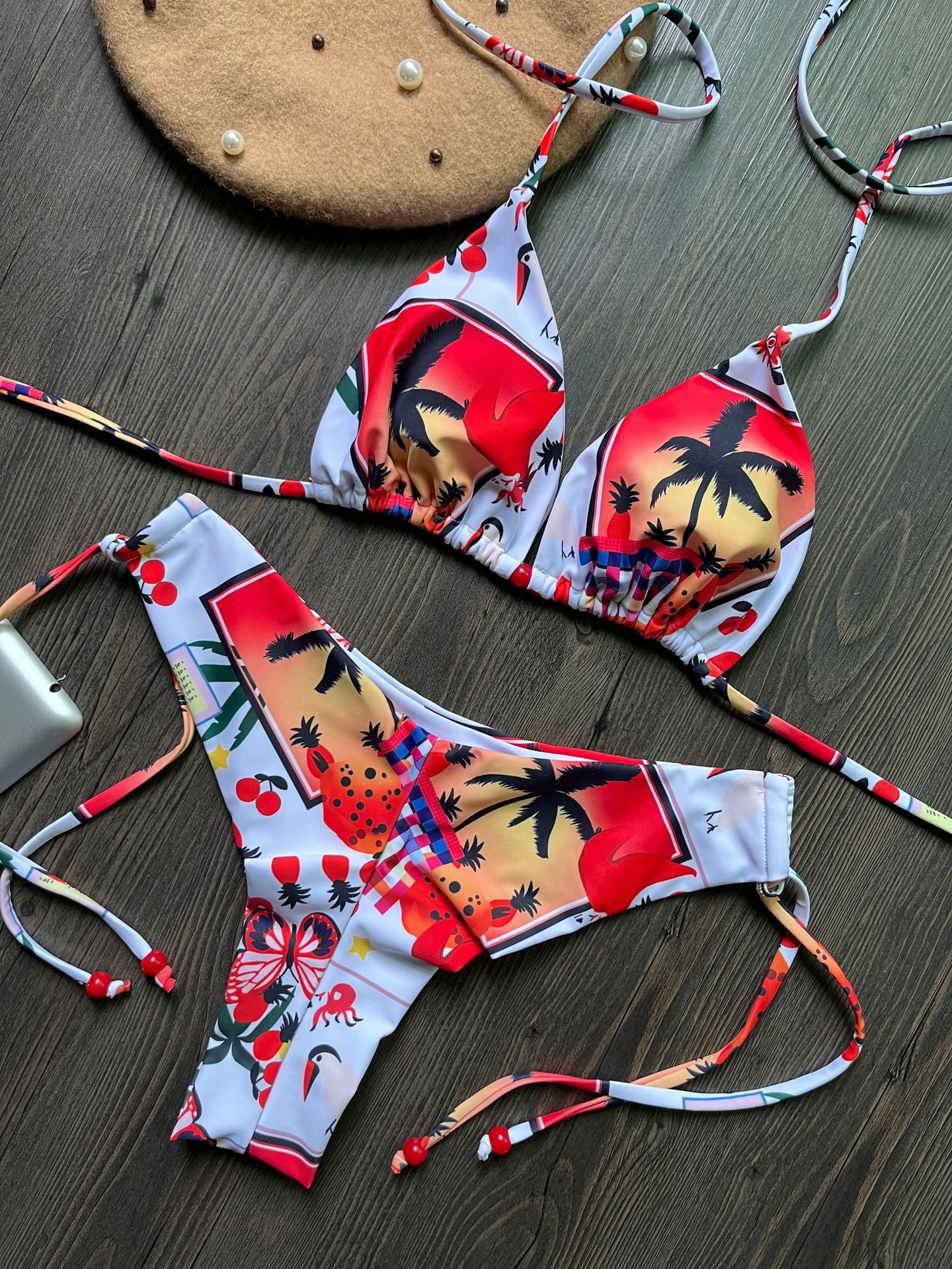 Triangle Print - Bikini Printed Detail Lace-Up Bikini (7516580708440)