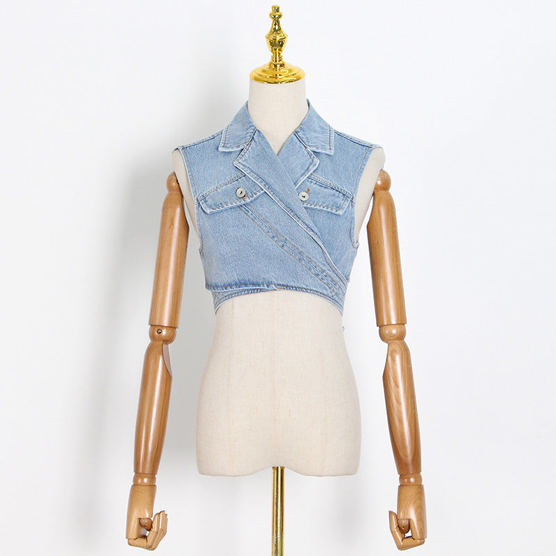 Blouse-Blouse - Solid Color Denim Lace-Up Vest Shirt Blouse (7519157583960)