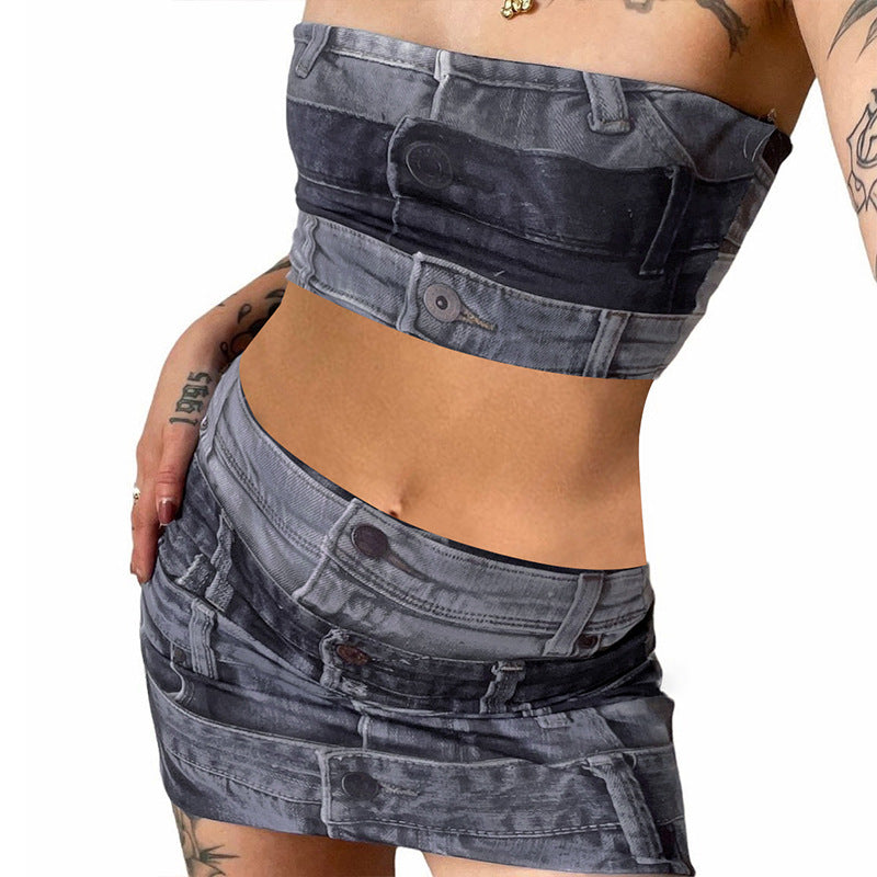 Polyester Printed Denim - Cropped Tube-Top & Slim-Fit Skirt Set (7517938745432)