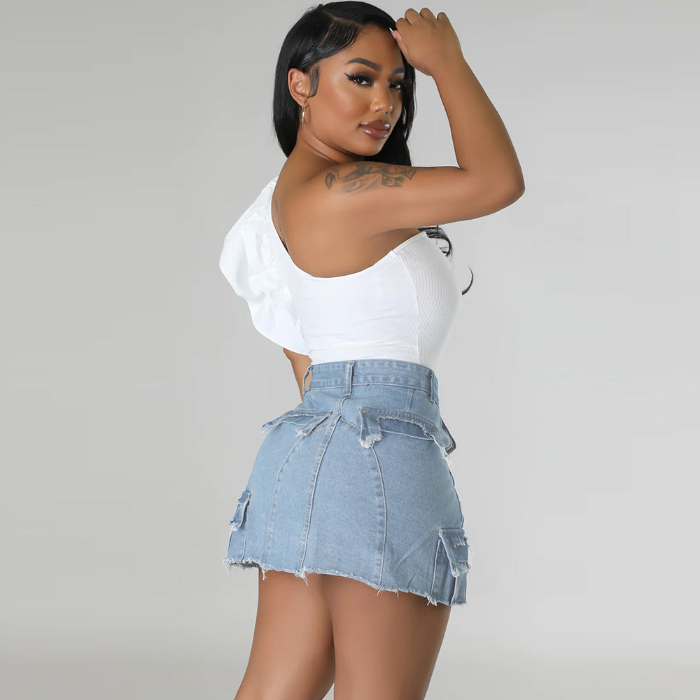 Short-Short Skirt - Pocket Side Slit Denim Skirt (7519213191256)