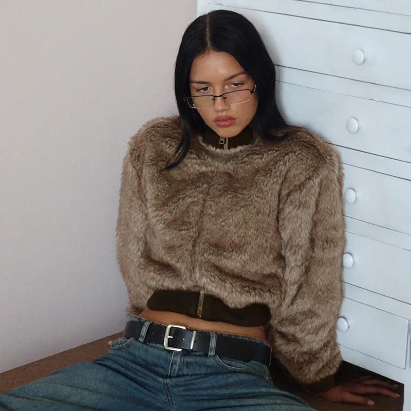 Maillard Thickened Fur Stand-Collar Zipper Coat