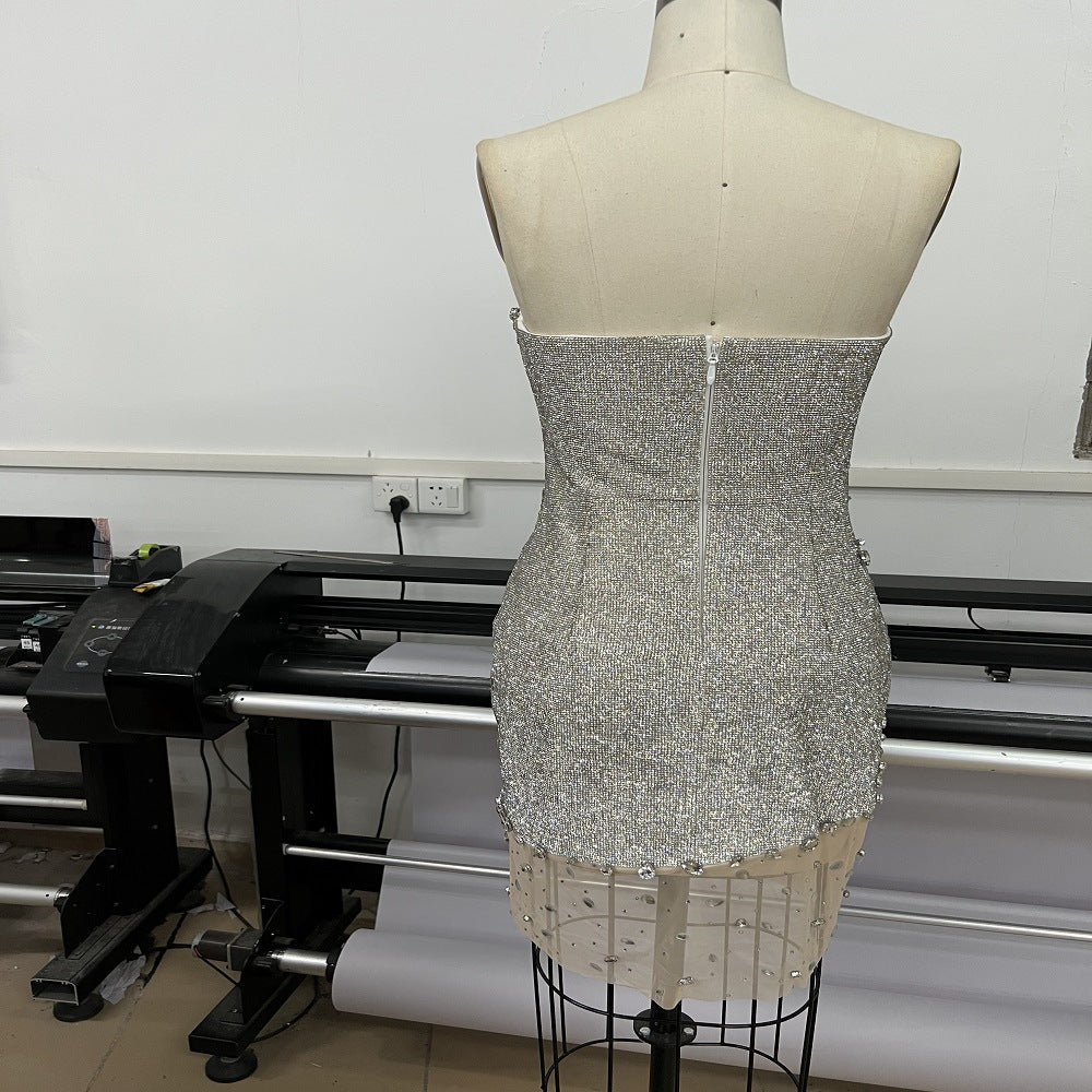 Internet Celebrity Heavy Industry -  Tube Top Low Collar Silver Diamond Mini Dress (7517608935512)