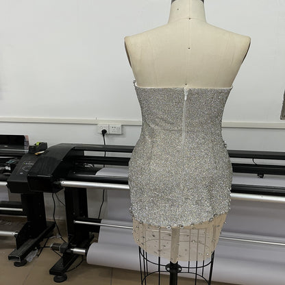 Internet Celebrity Heavy Industry -  Tube Top Low Collar Silver Diamond Mini Dress (7517608935512)