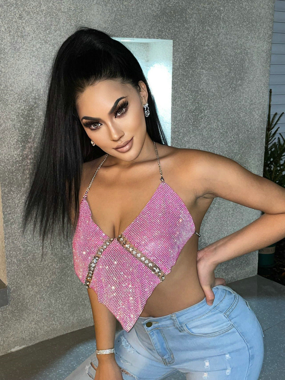 Rhinestones Diamond Hanky Chain Halter Crop-Top