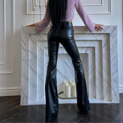 Faux-Leather High-Waist Glossy Flared Pants (7524750065752)