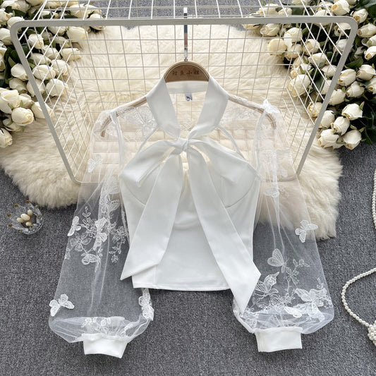French Bow - Embroidered Mesh Puff Sleeves Top (7518694670424)