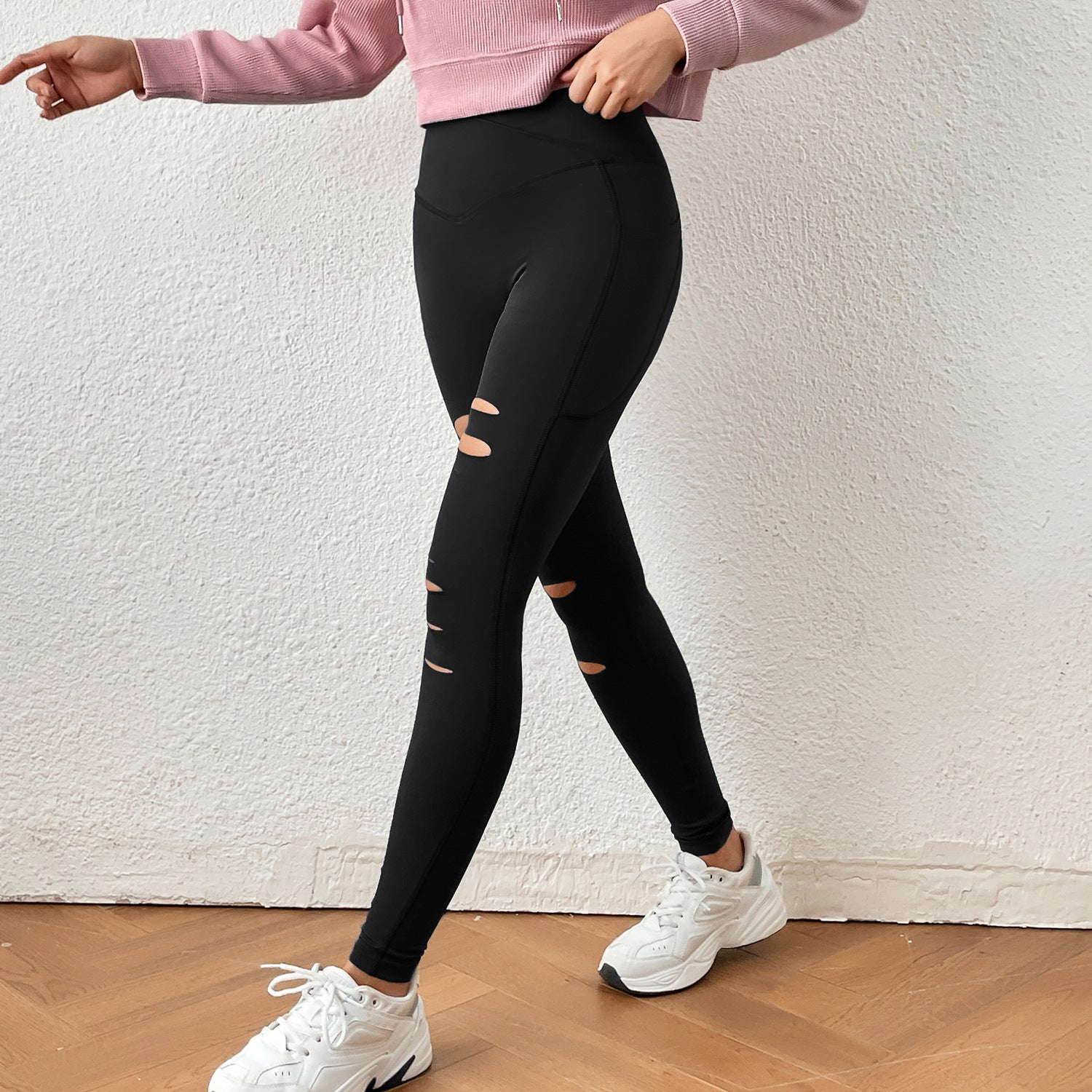 Spring Summer Cross Solid Color Irregular Asymmetric Ripped Tight Trousers Pocket Slimming Yoga Sports Pants (7525023744088)