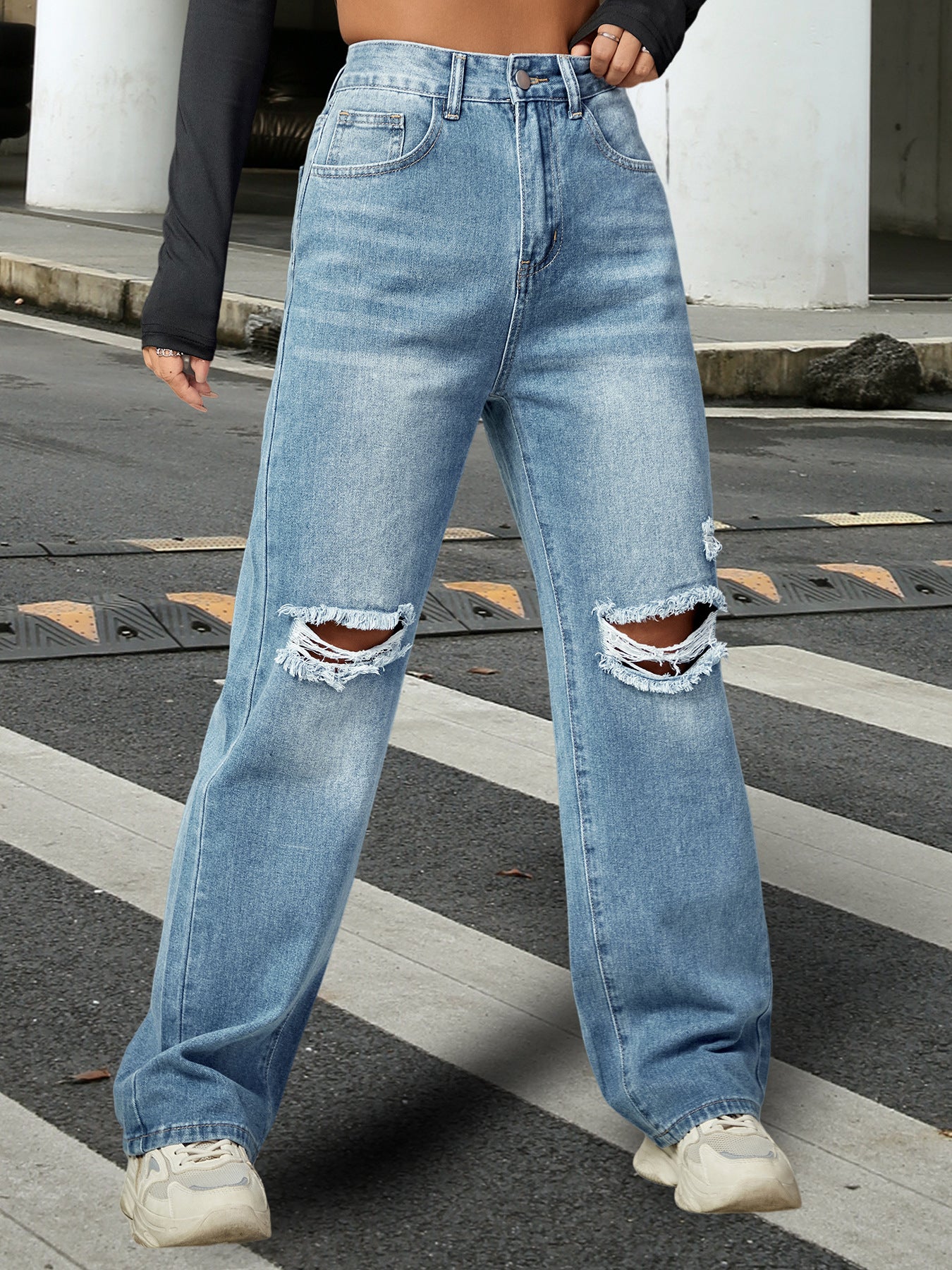 Wide Leg Straight Leg Distressed Denim Jeans