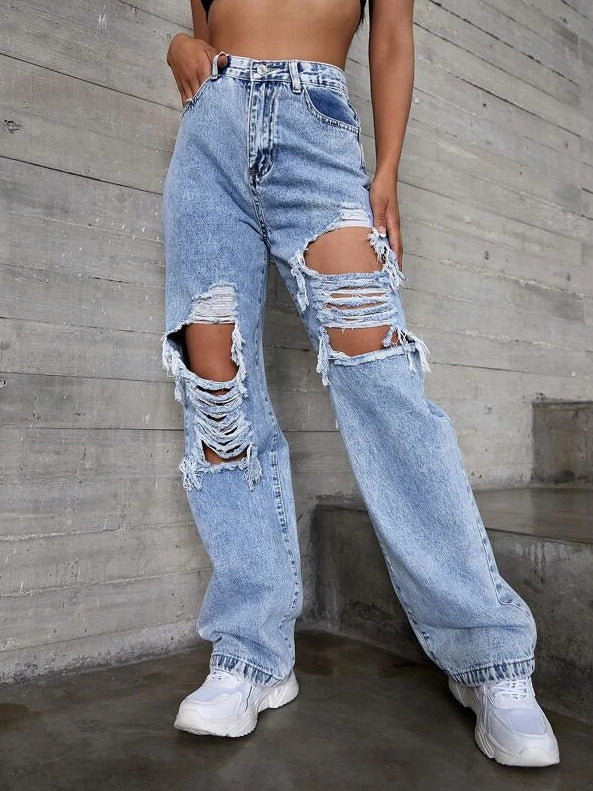 Retro High-Waist Distressed-Washed Straight Denim Jeans