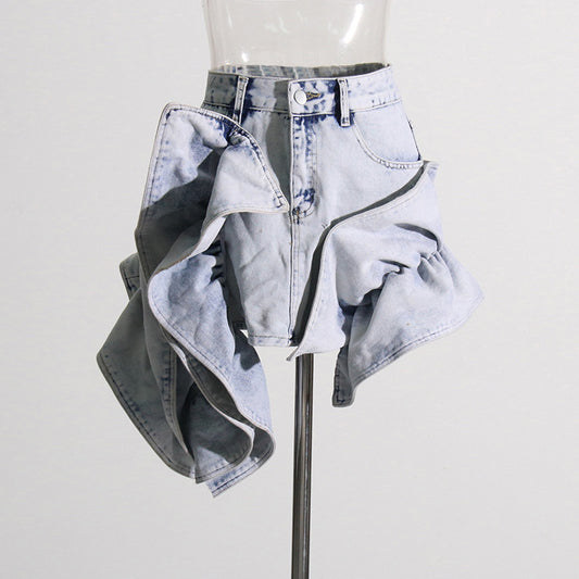 Ruffled Patchwork High-Waisted A-Line Denim Skirt (7519213224024)