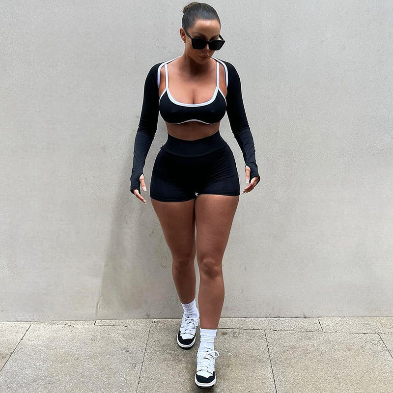Sleeves Top - Color Contrast Striped Cut-On Long Sleeves & Shorts Three-Piece Activewear - Set (7516822011992)