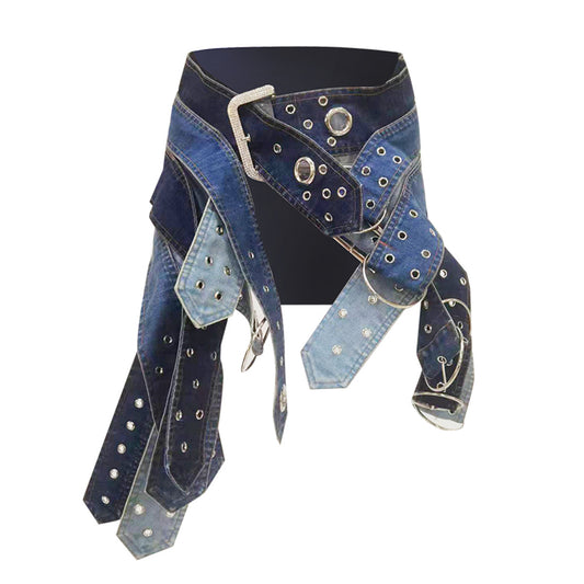 Buckles On Buckles! - Heavy-Washed Mini Low-Waist Buckle Belt Denim Skirt (7519198642264)