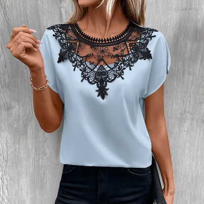 Patchwork - Round Neck Shirt Short-Sleeved Lace Color-Contrast Top (7518642864216)