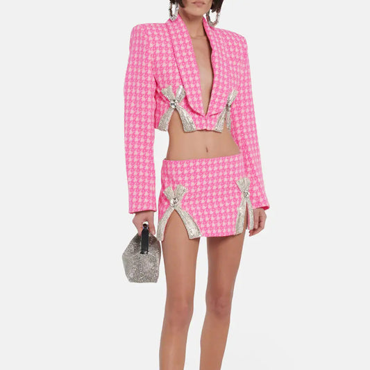 Niche Rhinestones Bow Jacquard Knitted Coat & Skirt Two-Piece Set